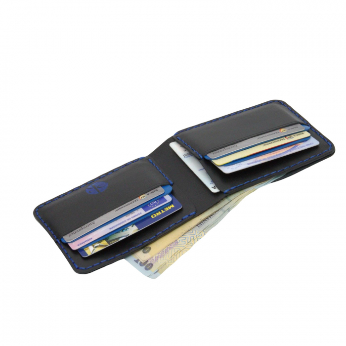 Portofel personalizabil clasic barbati din piele naturala, Hector Young, negru detalii albastre [3]