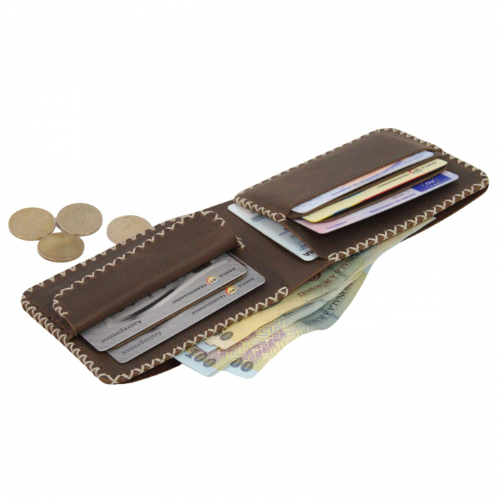 Portofel personalizabil clasic barbati din piele naturala, Hector 2, maro cusut in X cu crem [7]