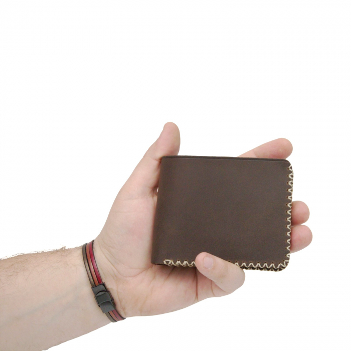 Portofel personalizabil clasic barbati din piele naturala, Hector 2, maro cusut in X cu crem [8]