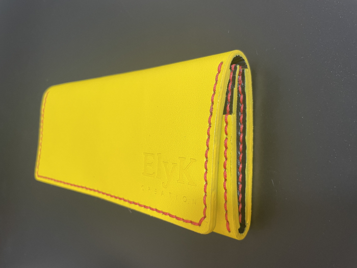Portofel dama din piele naturala, lucrat si cusut manual, Eva, Handmade, Galben ( cusatura rosie ), Produs in Romania [6]