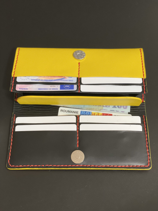 Portofel dama din piele naturala, personalizabil, Eva, galben (cusatura rosie) [4]