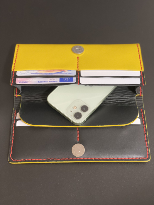 Portofel dama din piele naturala, lucrat si cusut manual, Eva, Handmade, Galben ( cusatura rosie ), Produs in Romania [5]