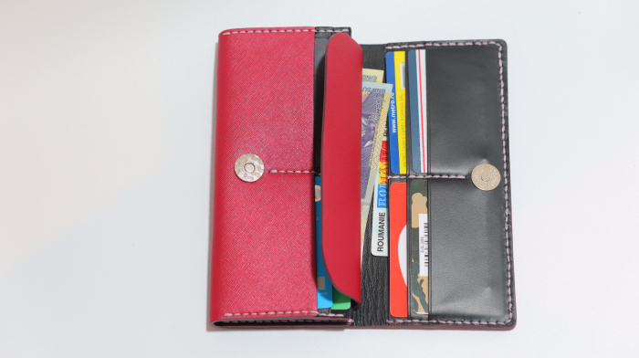 Portofel dama din piele naturala, personalizabil, Eva, roz saffiano (cusatura lila) [7]