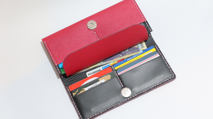 Portofel dama din piele naturala, personalizabil, Eva, roz saffiano (cusatura lila) [6]