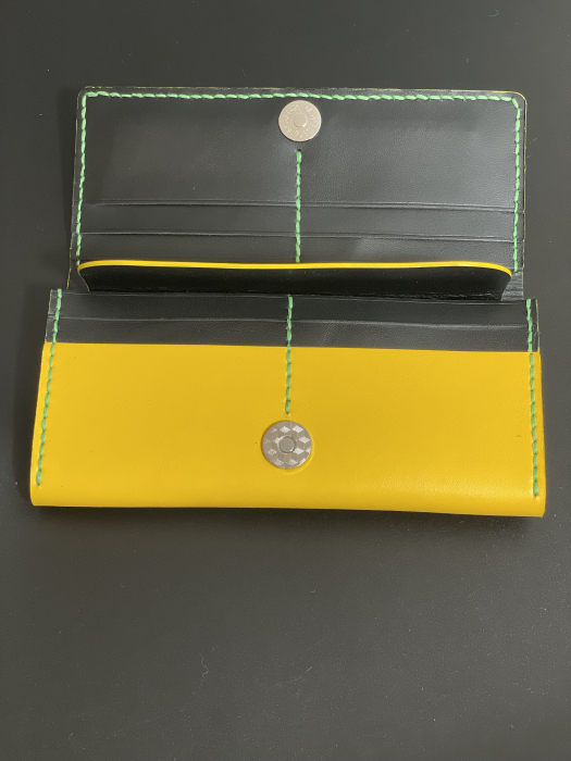 Portofel dama din piele naturala, lucrat si cusut manual, Eva, Handmade, Galben ( cusatura verde ), Produs in Romania [3]