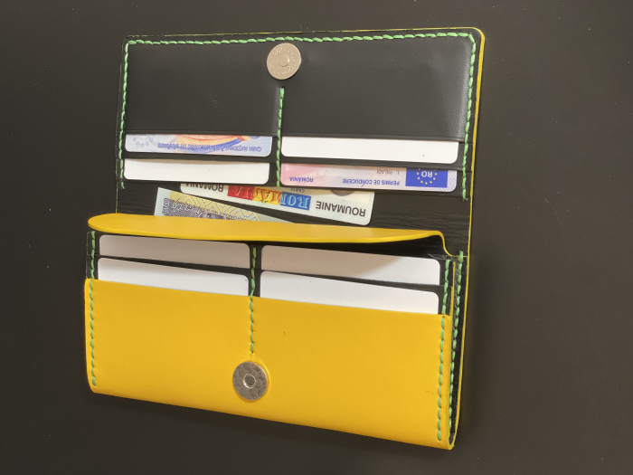 Portofel dama din piele naturala, personalizabil, Eva, galben (cusatura rosie) [4]