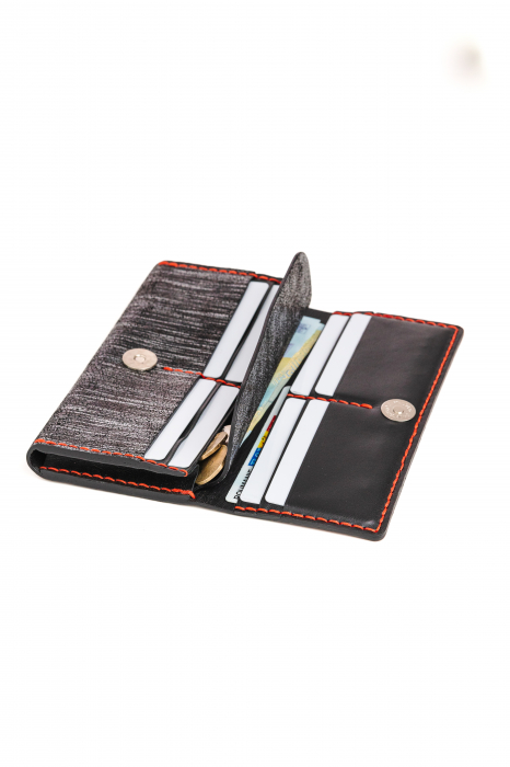 Portofel dama din piele naturala, lucrat si cusut manual, Eva, Handmade, Negru cu Argintiu, Produs in Romania [5]