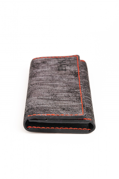 Portofel dama din piele naturala, personalizabil, Eva, megru cu argintiu (cusatura rosie) [3]