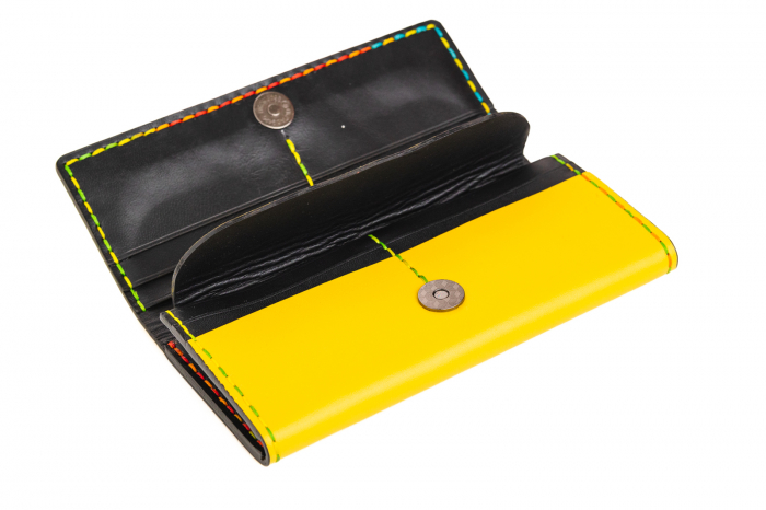 Portofel dama din piele naturala, lucrat si cusut manual, Eva, Handmade, Galben ( cusatura multicolora ), Produs in Romania [4]