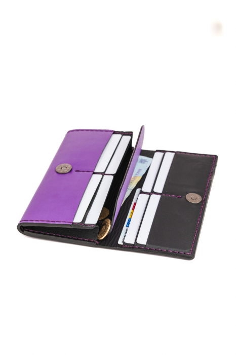 Portofel dama din piele naturala, personalizabil, Eva, mov (cusatura mov) [5]