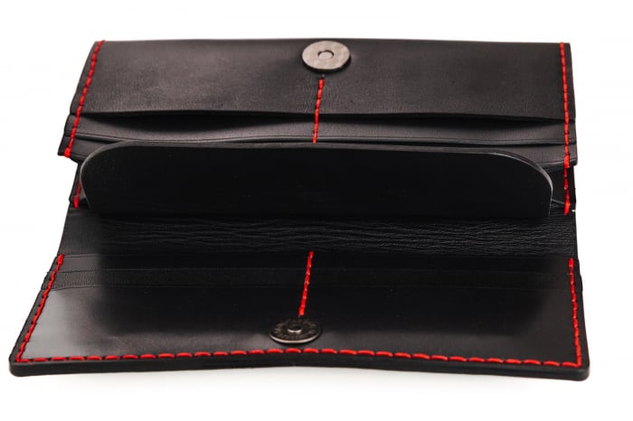 Portofel dama din piele naturala, personalizabil, Eva, negru (cusatura rosie) [3]