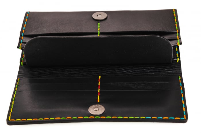 Portofel dama din piele naturala, lucrat si cusut manual, Eva, Handmade, Negru ( cusatura colorata ) [3]