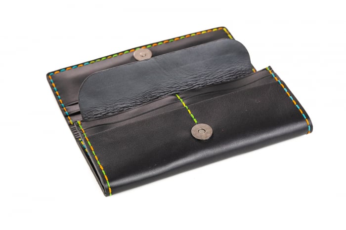 Portofel dama din piele naturala, lucrat si cusut manual, Eva, Handmade, Negru ( cusatura colorata ) [4]
