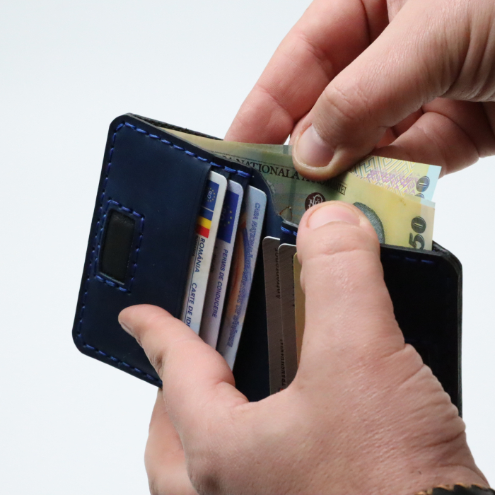 Portofel din piele naturala, personalizabil, Odin, negru cu albastru [5]