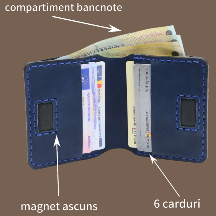 Portofel din piele naturala, personalizabil, Odin, negru cu albastru [3]