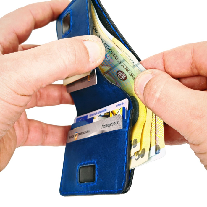 Portofel din piele naturala, personalizabil, Odin, negru cu albastru [4]