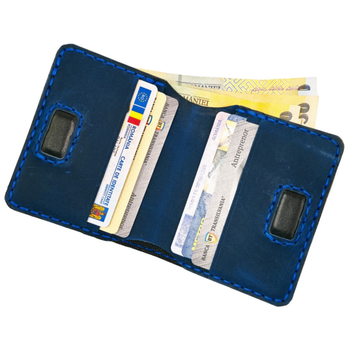Portofel din piele naturala, personalizabil, Odin, negru cu albastru [2]