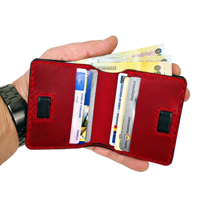 Portofel din piele naturala, personalizabil, Odin, negru cu rosu [6]