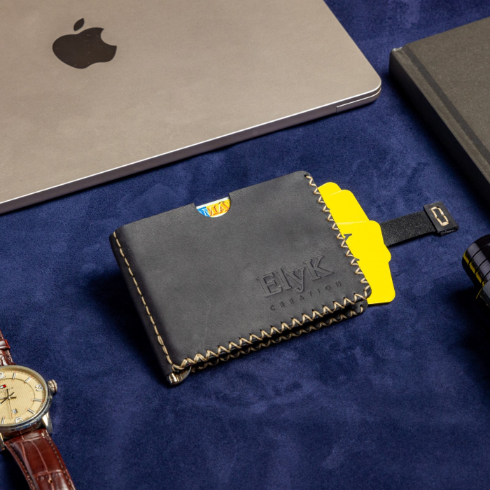 Portofel minimalist, personalizabil, din piele naturala, Loki, Negru Mat , cusut in X, lucrat si cusut manual, handmade [4]