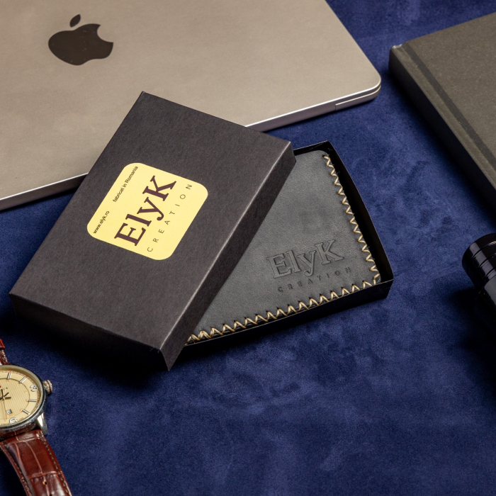 Portofel minimalist, personalizabil, din piele naturala, Loki, Negru Mat , cusut in X, lucrat si cusut manual, handmade [3]