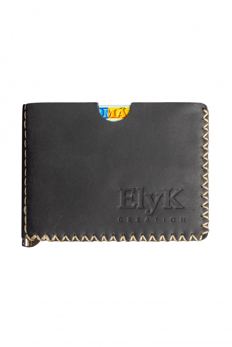 Portofel minimalist, personalizabil, din piele naturala, Loki, Negru Mat , cusut in X, lucrat si cusut manual, handmade [1]