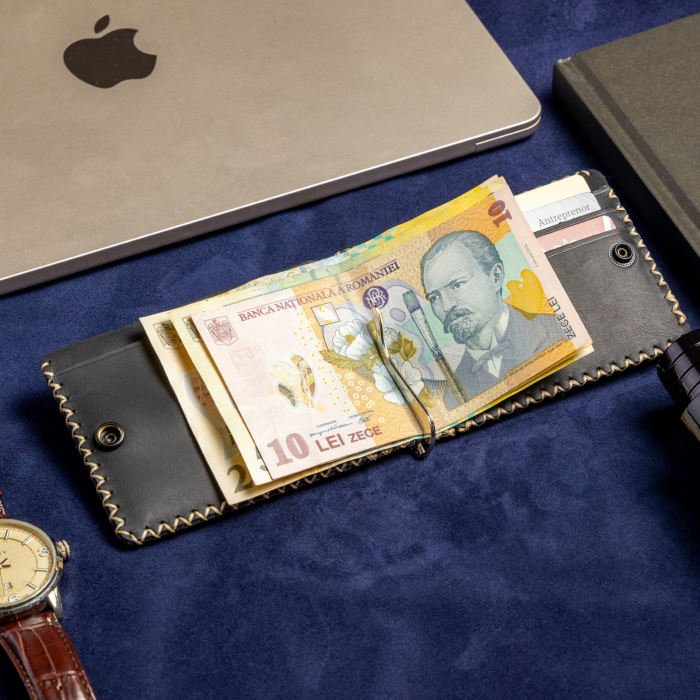 Portofel minimalist, personalizabil, din piele naturala, Loki, Negru Mat , cusut in X, lucrat si cusut manual, handmade [7]