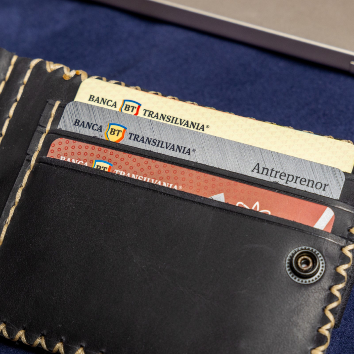 Portofel minimalist, personalizabil, din piele naturala, Loki, Negru Mat , cusut in X, lucrat si cusut manual, handmade [10]