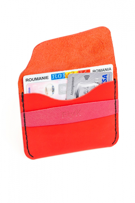 Portofel minimalist din piele naturala, lucrat si cusut manual, Hapi, Handmade, Rosu cu Roz, Produs in Romania [6]