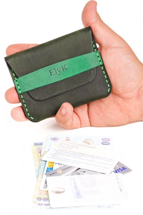 Portofel minimalist din piele naturala, lucrat si cusut manual, Hapi, Handmade, Verde Inchis ( Kaki ), Produs in Romania [2]