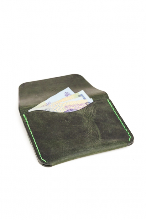 Portofel minimalist din piele naturala, lucrat si cusut manual, Hapi, Handmade, Verde Inchis ( Kaki ), Produs in Romania [7]