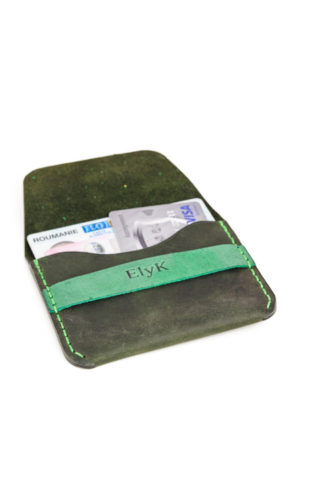 Portofel minimalist din piele naturala, lucrat si cusut manual, Hapi, Handmade, Verde Inchis ( Kaki ), Produs in Romania [6]
