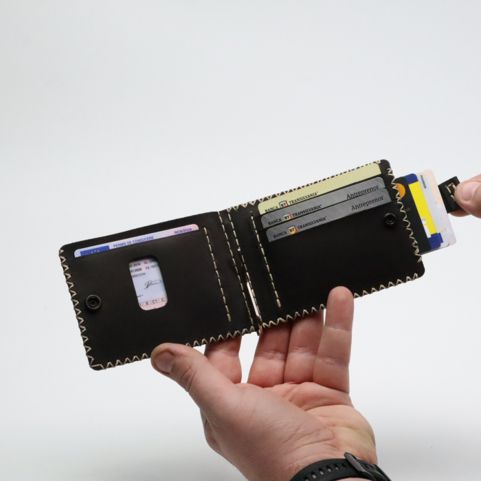 Portofel minimalist, personalizabil, din piele naturala, Loki, Negru Mat , cusut in X, lucrat si cusut manual, handmade [2]