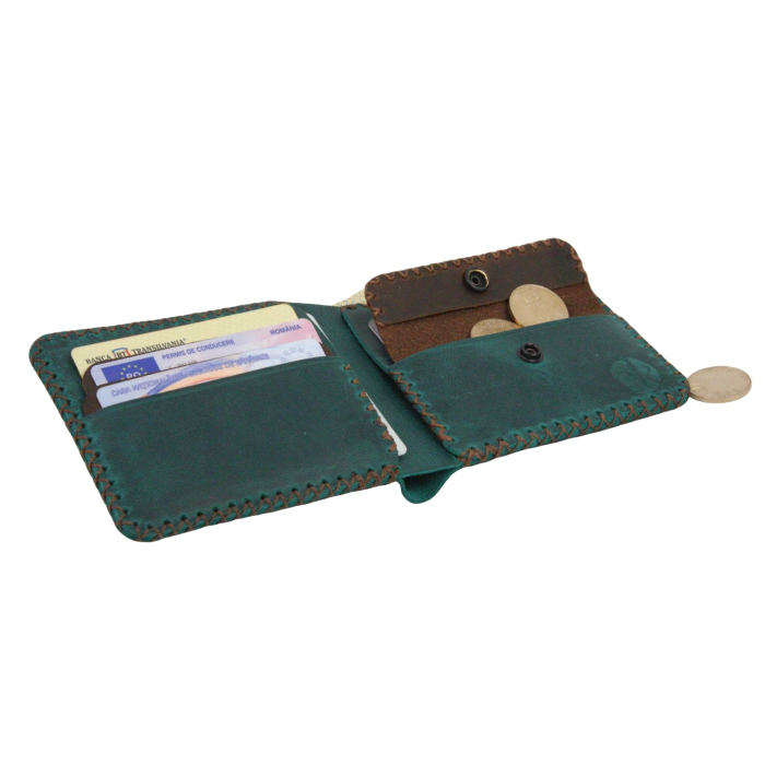 Portofel personalizabil clasic barbati din piele naturala, Hector 2, turcoaz cu detalii maro [2]