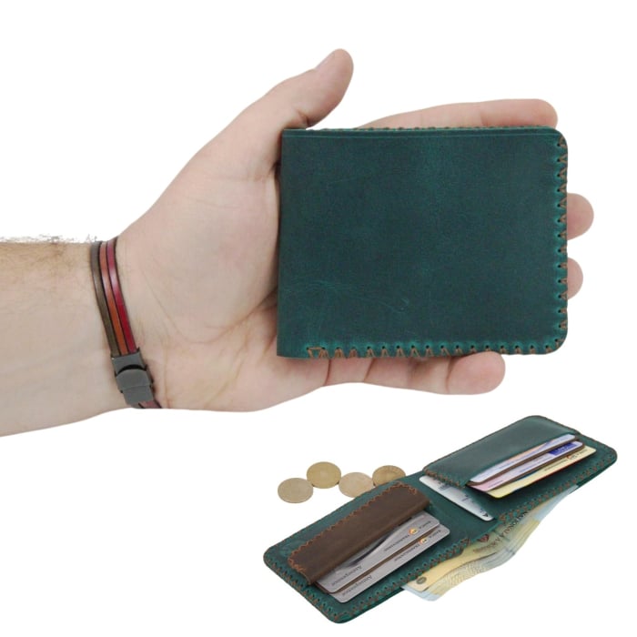 Portofel personalizabil clasic barbati din piele naturala, Hector 2, turcoaz cu detalii maro [1]