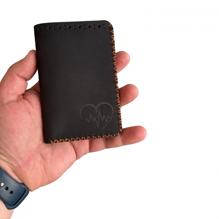 Portofel personalizat clasic barbati din piele naturala, Hector, negru mat cusatura in X gri [2]
