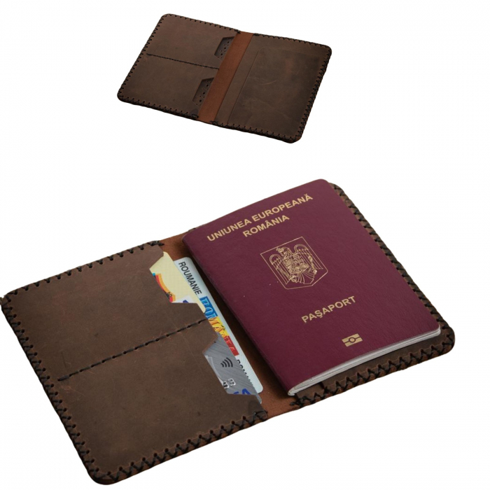 Portpasaport din piele naturala, lucrat si cusut manual, Robin, Handmade, Verde [2]