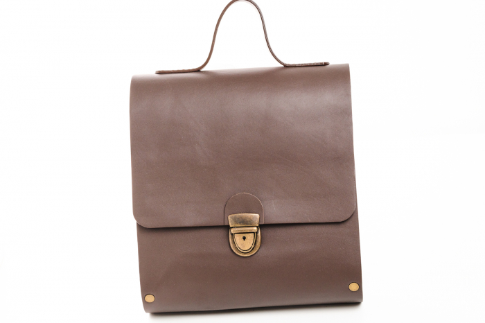 Rucsac dama din piele naturala si lemn reciclat. lucrat manual, Dory, Handmade, Maro [4]