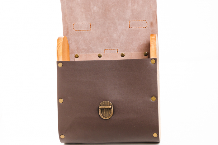Rucsac dama din piele naturala si lemn reciclat. lucrat manual, Dory, Handmade, Maro [5]