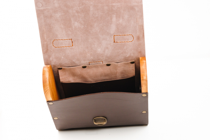 Rucsac dama din piele naturala si lemn reciclat. lucrat manual, Dory, Handmade, Maro [6]