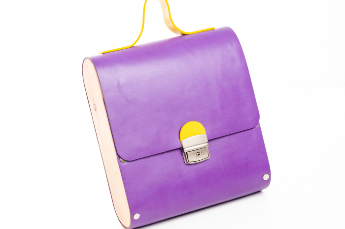 Rucsac dama din piele naturala si lemn reciclat, lucrat manual, Dory, Handmade, Mov [2]