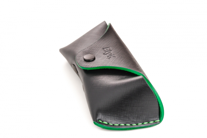 Toc / Etui ochelari soare / vedere din piele naturala, lucrat si cusut manual, Clio, Negru print cu Verde [6]