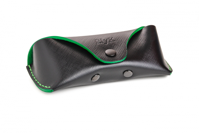 Toc / Etui ochelari soare / vedere din piele naturala, lucrat si cusut manual, Clio, Negru print cu Verde [3]