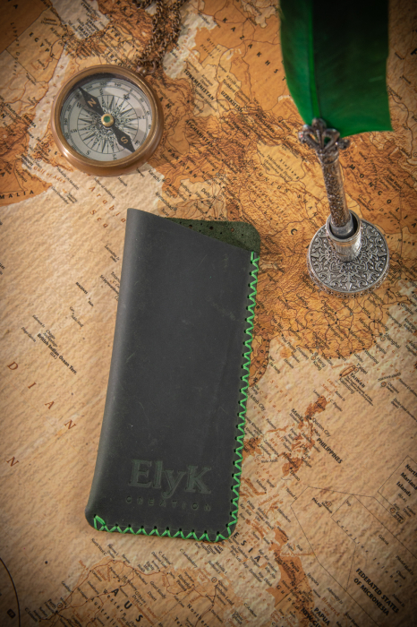 Toc / Etui ochelari soare / vedere din piele naturala, lucrat si cusut manual, Mark, Verde Army [5]