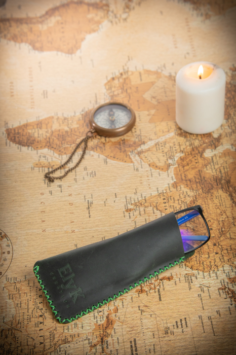 Toc / Etui ochelari soare / vedere din piele naturala, lucrat si cusut manual, Mark, Verde Army [6]