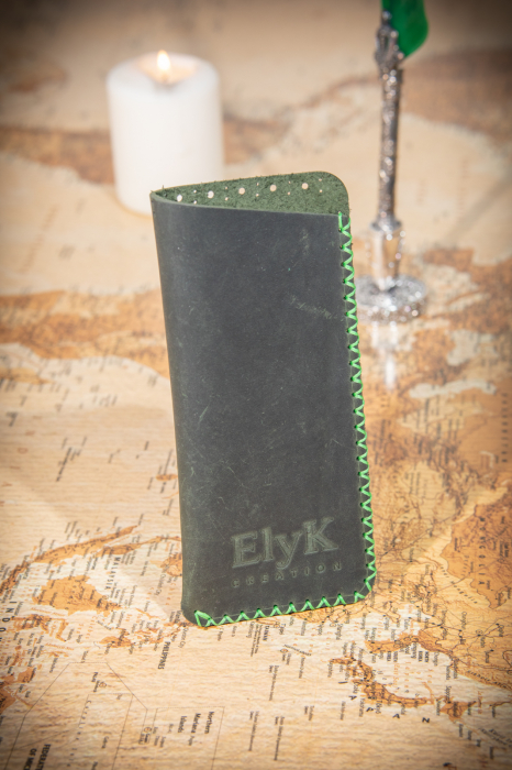 Toc / Etui ochelari soare / vedere din piele naturala, lucrat si cusut manual, Mark, Verde Army [3]