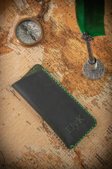 Toc / Etui ochelari soare / vedere din piele naturala, lucrat si cusut manual, Mark, Verde Army [4]