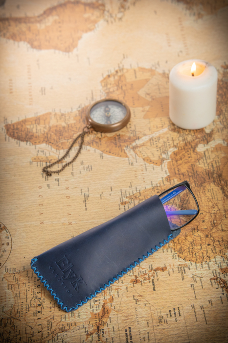 Toc / Etui ochelari soare / vedere din piele naturala, lucrat si cusut manual, Mark, Bleumarin [4]