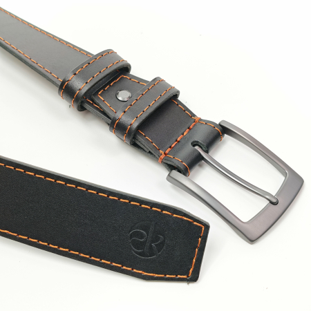 Curea piele naturala 40 mm, Styx, neagra, cusutura maro cognac, catarama solida [2]