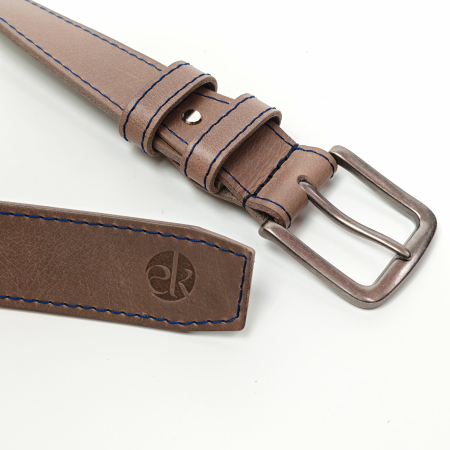 Curea piele naturala 40 mm, Styx, gri, cusutura bleumarin, catarama solida [2]