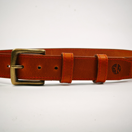 Curea piele naturala 40 mm, Styx, maro cognac, cusutura rosie, catarama solida [1]